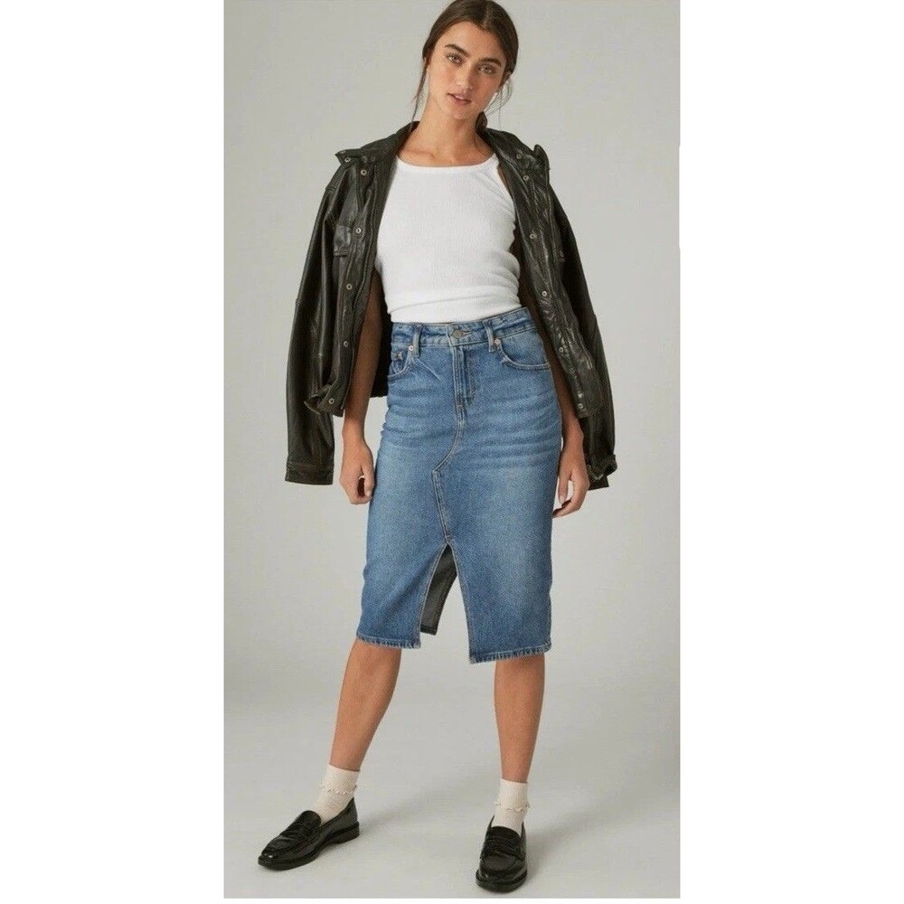 Lucky Brand Denim Midi Skirt Womens Sz 10 High Rise Front Slit Blue Jean 90’s
